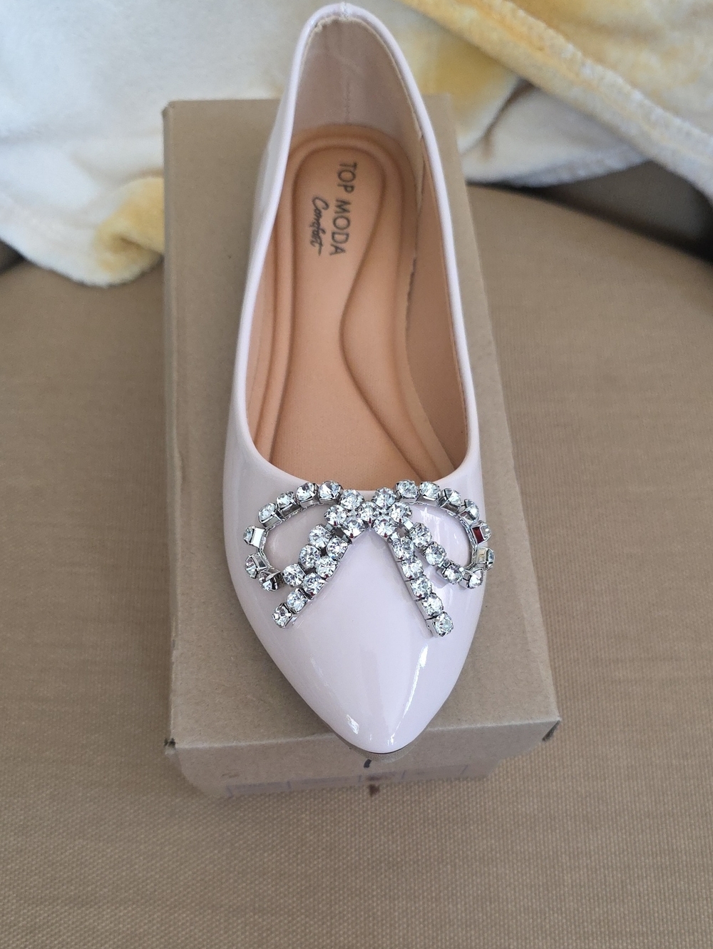 TOP Moda Pale Pink Patent Pointed Flat with Crystal Bow Accent